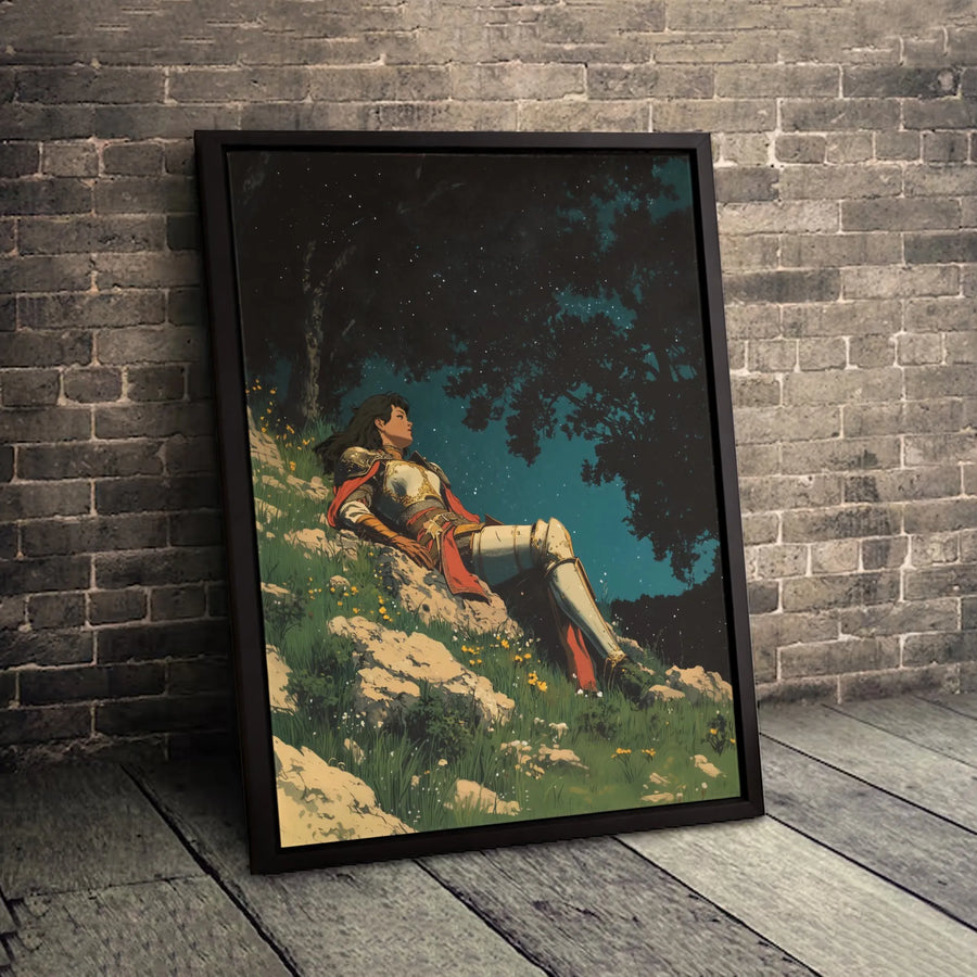 Female Knight Canvas Wall Art | Fantasy Warrior Resting Under Stars | Premium 1.25 Inch Gallery Wrap | Epic Home Decor Gift for RPG Lovers