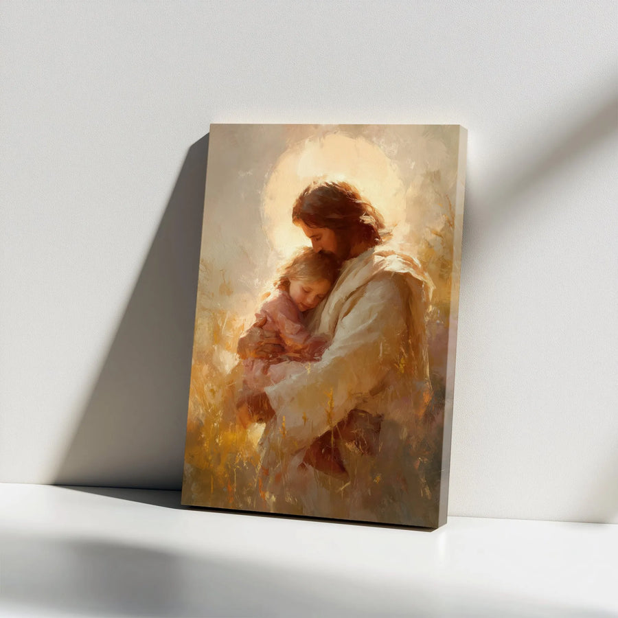 Jesus Christ Vertical Canvas | Painterly Art of Jesus Holding a Child | Premium Gallery Wrap Wall Decor | Inspirational Christian Gift