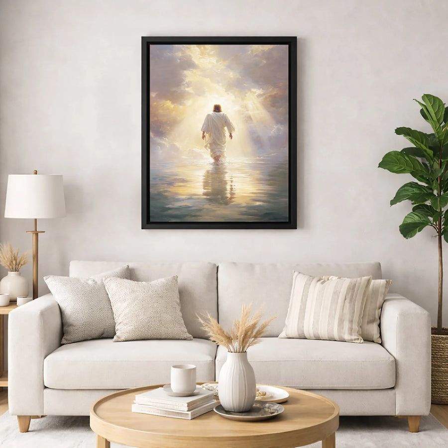 Jesus Walking On Water Canvas Print | Ethereal Heavenly Light Religious Wall Art | Premium Gallery Wrapped Decor | Christian Faith Home Gift