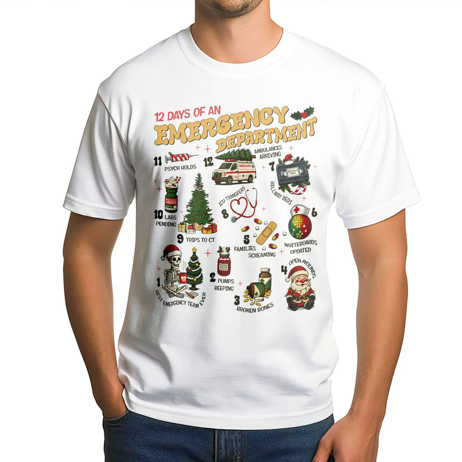 12 Days of Emergency Department T-Shirt | Funny ER Nurse Christmas Graphic | Premium Soft Cotton Tee | Perfect Gift for Doctors and Medical Staff