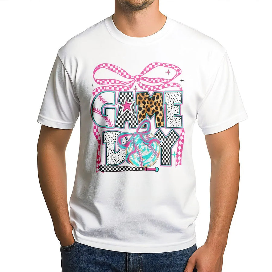 Game Day Baseball T-Shirt | Trendy Coquette Graphic with Leopard & Checkered Print | Soft Cotton Blend | Gift for Baseball Mom & Sports Fans