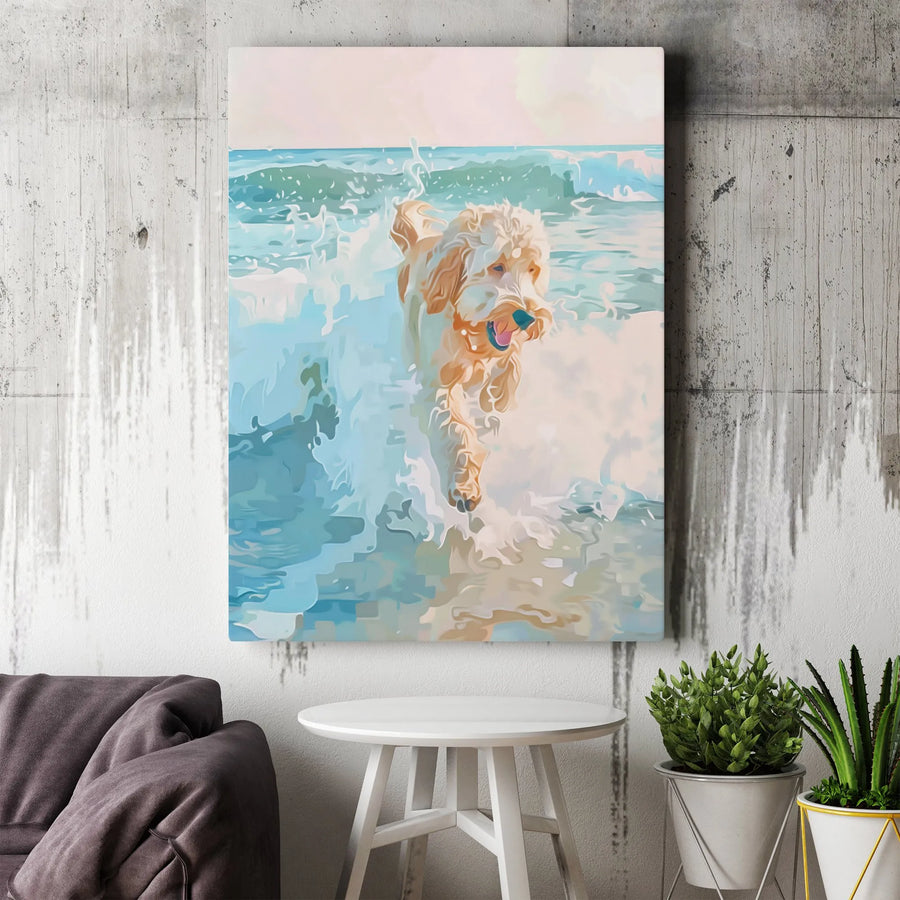 Goldendoodle at the Beach Canvas Print | Watercolor Style Dog Art | Premium 1.25" Thick Gallery Canvas | Gift for Dog Lover & Coastal Home Decor