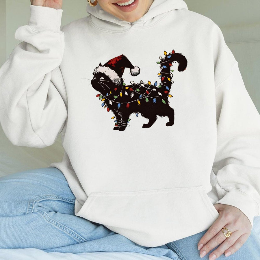 Black Cat Christmas Hoodie | Festive Holiday Lights Graphic | Premium Cotton Blend | Funny Cat Lover Gift for Women and Men
