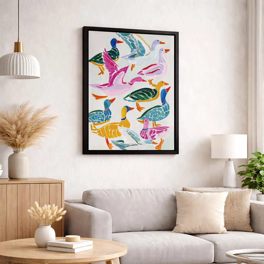 Colorful Duck Wall Art | Abstract Flock Bird Painting | Premium Gallery Wrap Canvas | Whimsical Farmhouse Decor Gift