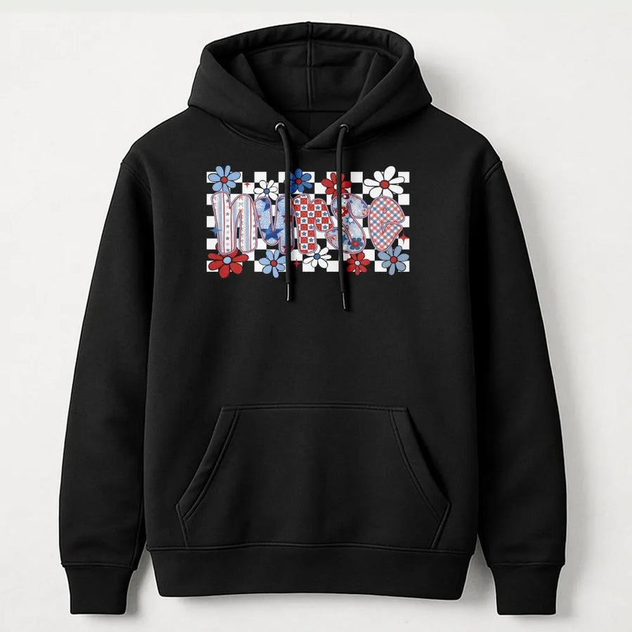 Patriotic Nurse Hoodie | USA Flag Floral Graphic | Soft Cotton Blend Sweatshirt | 4th of July Gift for Nurse