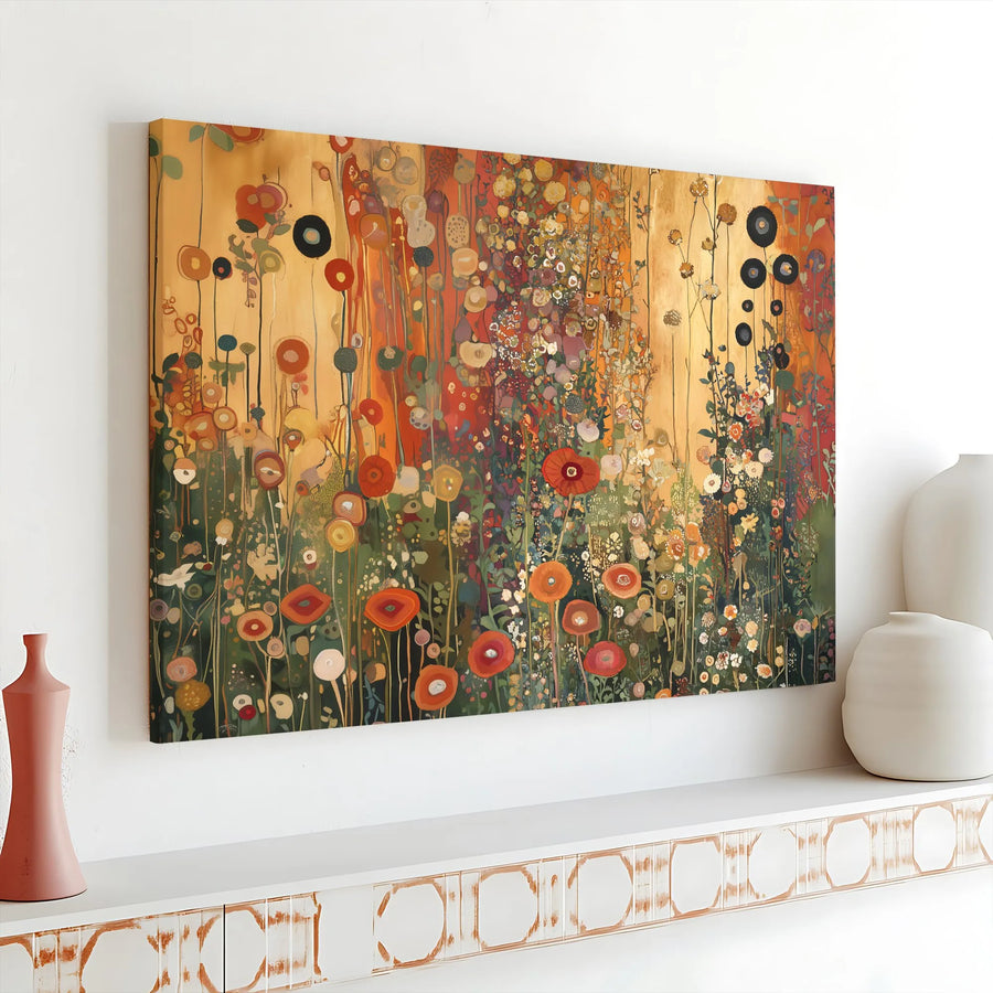 Abstract Wildflower Canvas Wall Art | Golden Sunset Botanical Meadow Painting | Gallery Wrapped Premium Print | Modern Home Decor Gift
