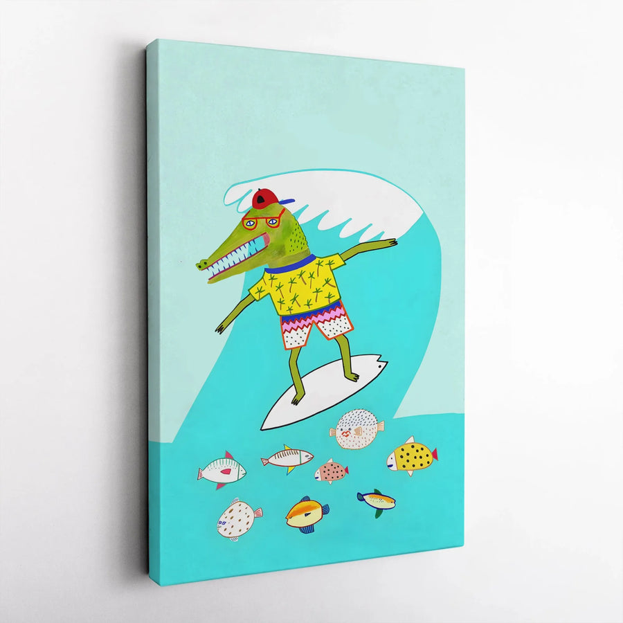Surfing Alligator Wall Art | Fun Cartoon Animal Summer Beach Decor | Premium 1.25-Inch Thick Canvas | Coastal Gift for Kids Bedroom