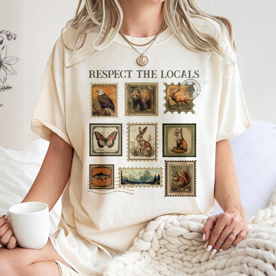 Respect The Locals Wildlife T-Shirt | Vintage Postage Stamp Nature Design | Premium 100% Cotton Tee | Outdoor Adventure Gift For Nature Lovers