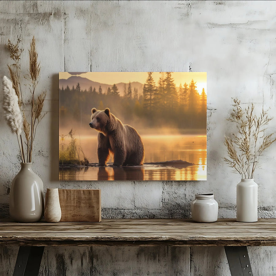 Grizzly Bear Canvas Wall Art | Misty Mountain Lake Scene at Sunrise | Premium Fade-Resistant Print | Rustic Cabin Decor Gift for Nature Lovers