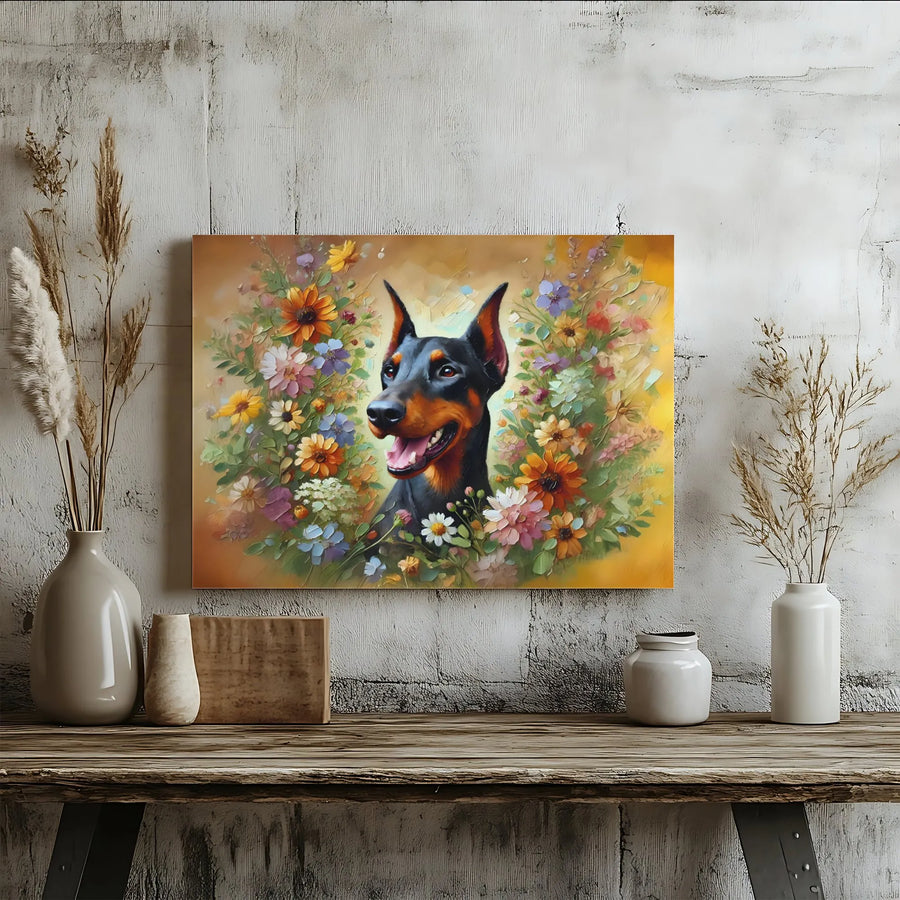 Doberman Pinscher Canvas Wall Art | Colorful Wildflower Floral Portrait | Premium 1.25 Inch Gallery Wrap | Dog Lover Gift Home Decor