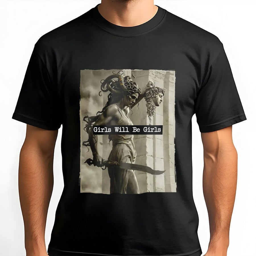 Medusa Graphic T-Shirt | Girls Will Be Girls Feminist Art | 100% Cotton Premium Tee | Greek Mythology Mythology Gift for Women
