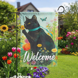 Black Cat Garden Flag | Floral Butterfly Welcome Sign | Premium Weather-Resistant Polyester | Charming Outdoor Decor for Pet Lovers