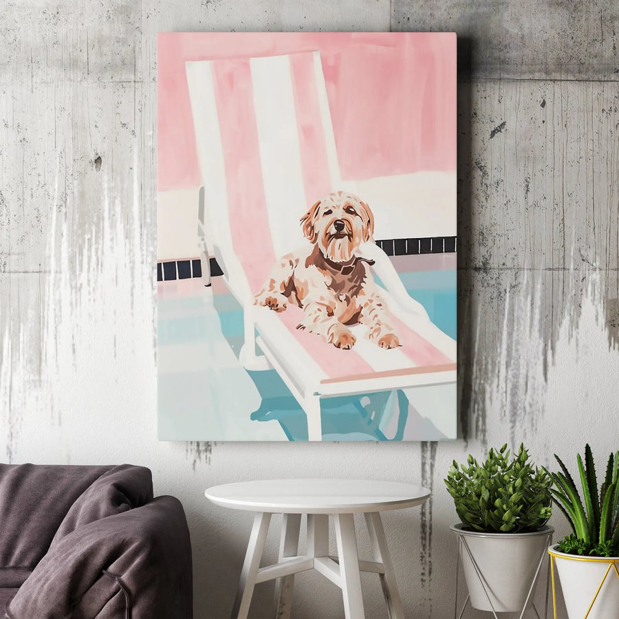 Dog Poolside Vertical Canvas | Whimsical Summer Dog Art Print | Premium Gallery Wrapped Wall Decor | Unique Gift for Goldendoodle Lover