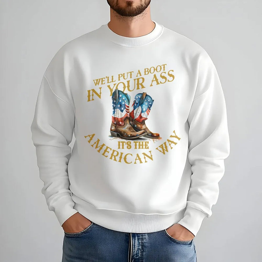 Patriotic Cowboy Boots Sweatshirt | American Flag Western Graphic | Premium Cotton Blend | Funny Country Music Gift for Men and Women