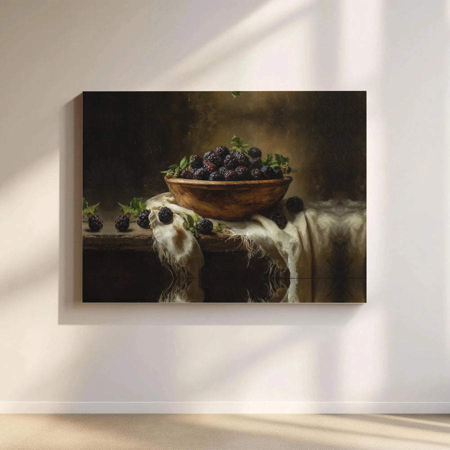 Vintage Blackberry Still Life Canvas | Rustic Kitchen Fruit Painting | Thick Gallery Wrapped Canvas | Farmhouse Kitchen Decor Gift