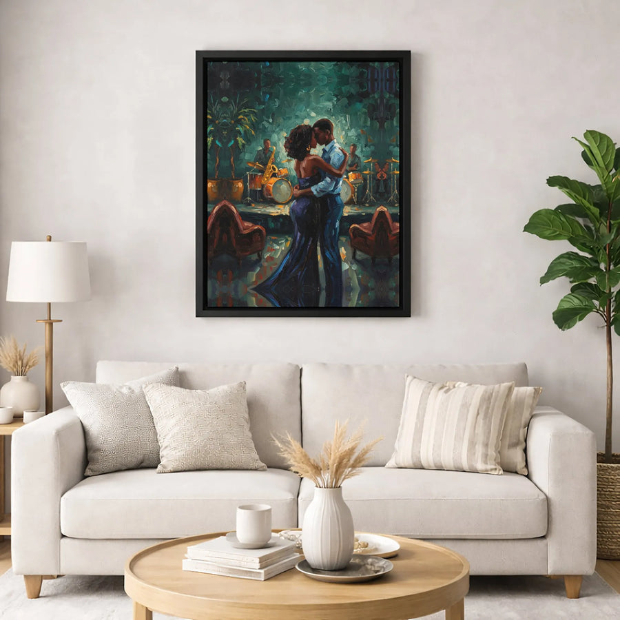 Black Couple Dancing Wall Art | Jazz Club Impressionist Painting | Premium Gallery Wrapped Canvas | Romantic Anniversary Gift for Couples