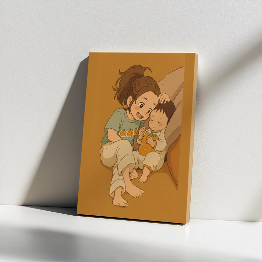 Anime Sister and Baby Wall Art | Cute Autumn Pumpkin Illustration | Gallery-Wrapped Canvas Print | Sweet Nursery or Bedroom Decor Gift