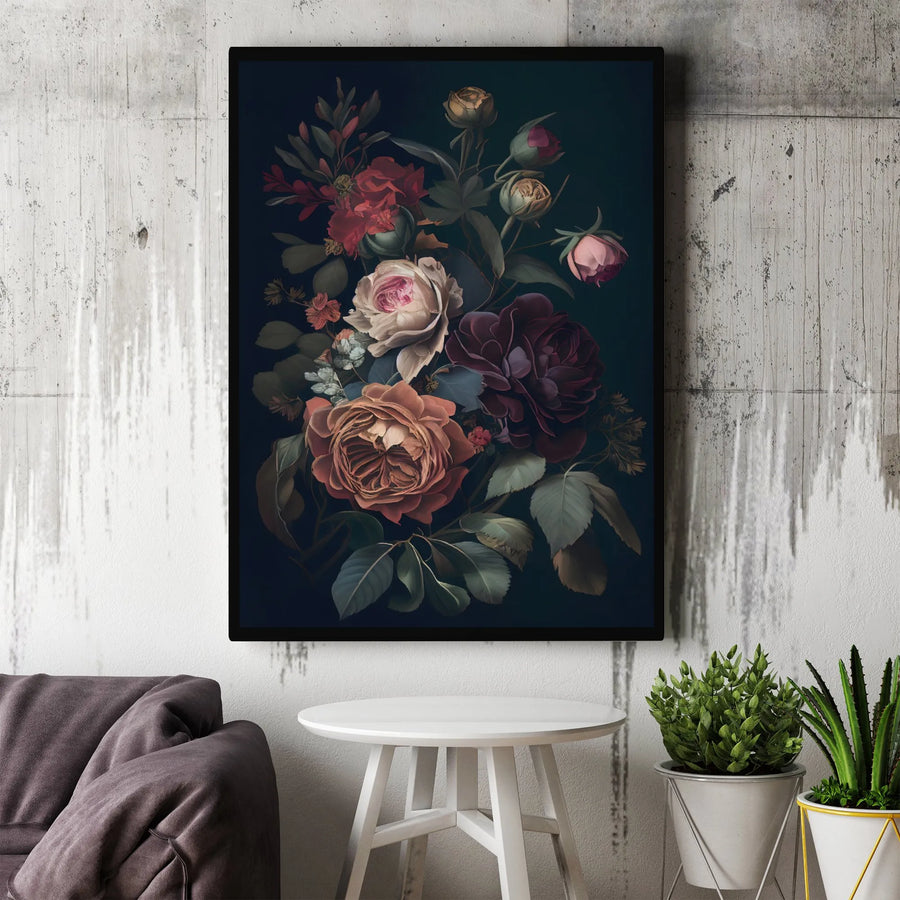 Dark Floral Canvas Wall Art | Moody Botanical Rose Bouquet | Premium Gallery Wrapped Canvas | Vintage Home Decor Gift
