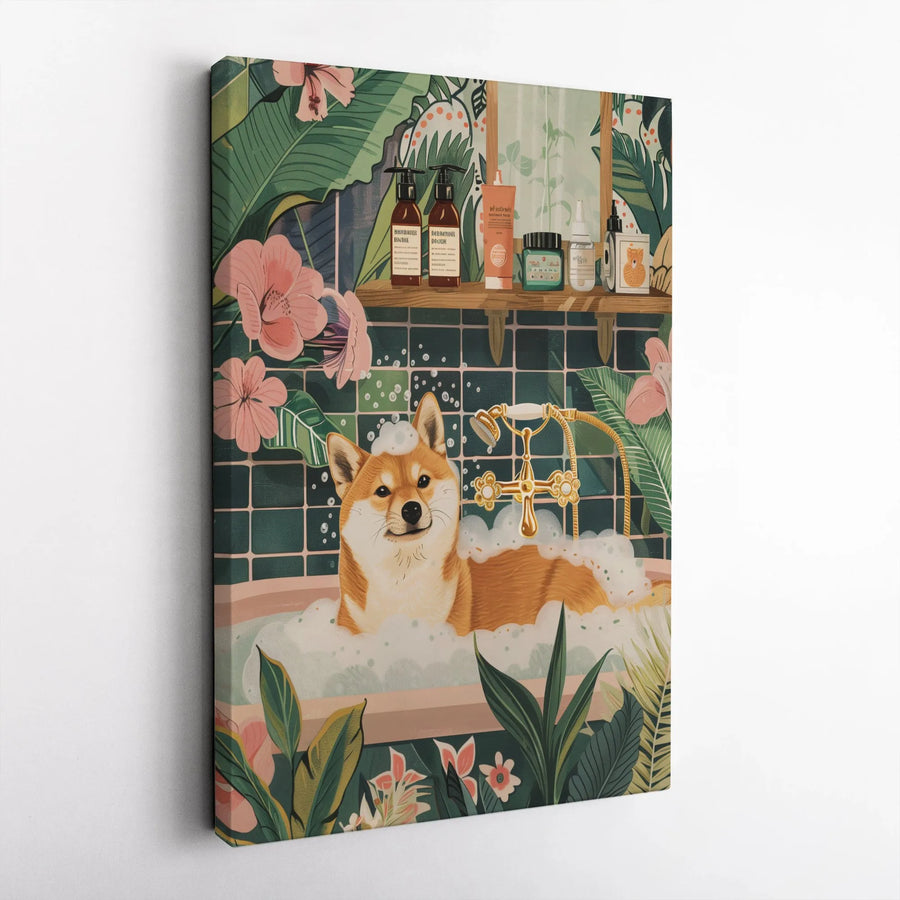 Shiba Inu Dog Wall Art | Tropical Bubble Bath Illustration | Gallery Wrapped Premium Canvas | Whimsical Pet Portrait Gift for Dog Lovers