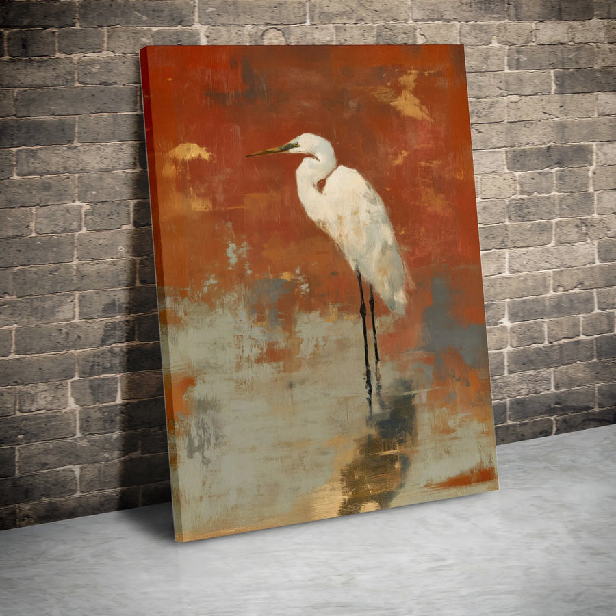 Heron Canvas Wall Art | Abstract Egret Painting in Terracotta | Premium Gallery Wrapped Print | Modern Coastal Decor Gift for Nature Lover