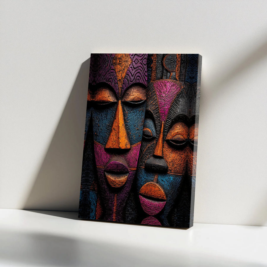 Tribal Mask Canvas Wall Art | Vibrant Textured Duo Abstract Print | Thick Gallery Wrapped Canvas | Modern Afrocentric Home Decor Gift