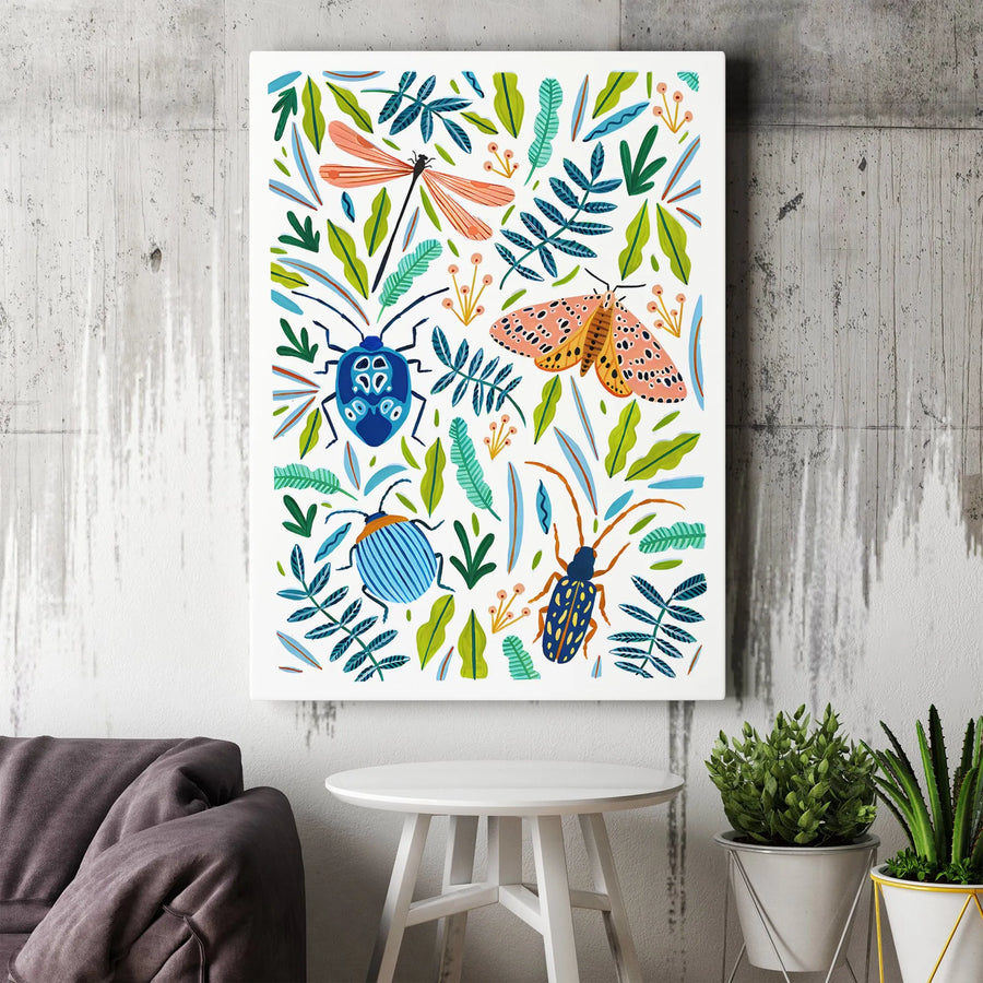 Insects and Botanical Wall Art | Colorful Folk Art Illustration | Premium 1.25-Inch Gallery Canvas | Nature Lover Gift Home Decor