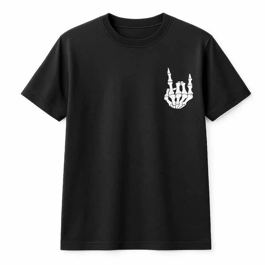 Rock On Skeleton Hand T-Shirt | Minimalist Rock and Roll Hand Sign | Premium Graphic Crewneck | Gift for Heavy Metal Music Lover
