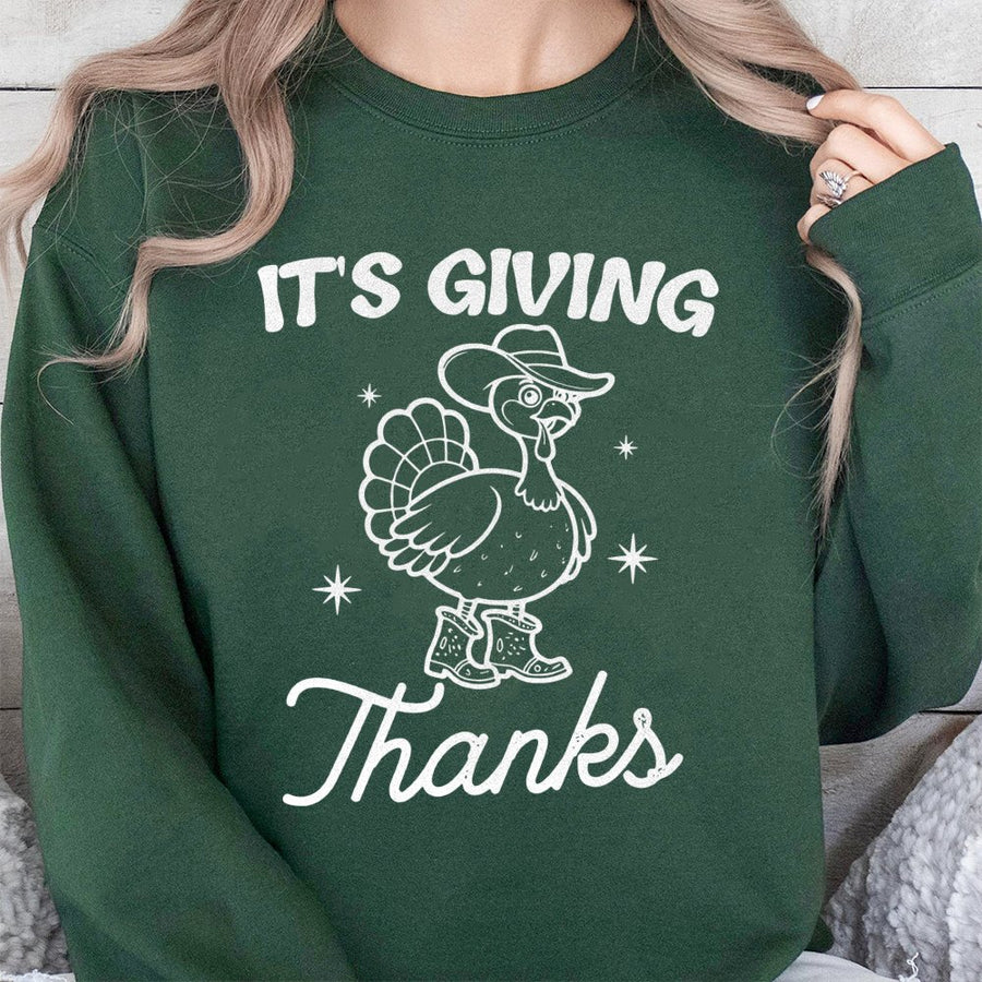 It's Giving Thanks Sweatshirt | Funny Cowboy Turkey Graphic | Premium Cotton Blend | Unisex Thanksgiving Gift for Women and Men