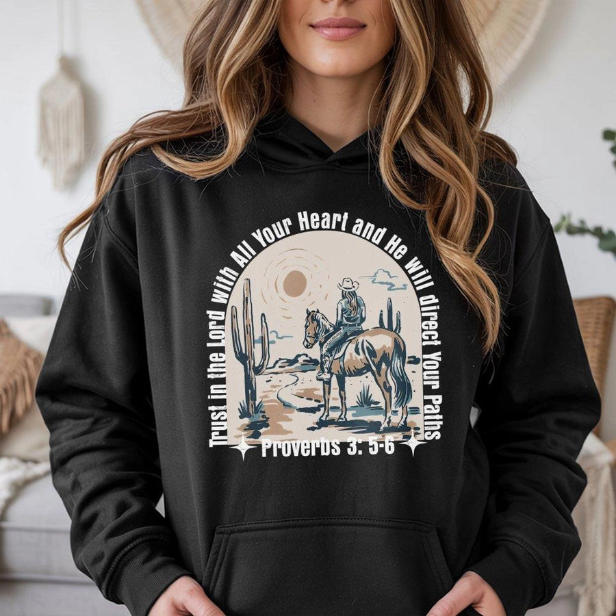 Western Christian Hoodie | Proverbs 3:5-6 Cowgirl Faith Design | Premium Cotton Blend | Inspirational Religious Gift for Women