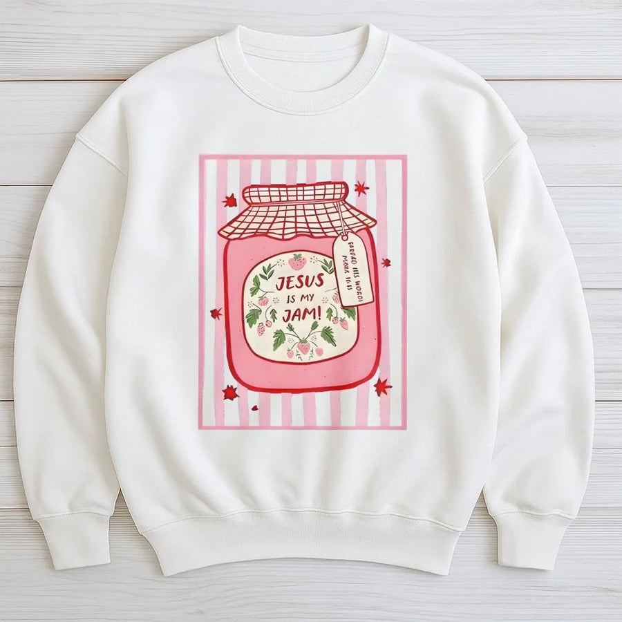 Jesus Is My Jam Sweatshirt | Cute Strawberry Jam Jar Graphic | Premium Cotton-Blend Sweatshirt | Trendy Christian Faith Gift for Women