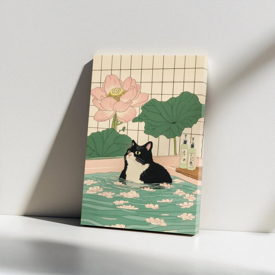 Japanese Cat Bathing Canvas Wall Art | Ukiyo-e Style Lotus Flower Decor | 1.25" Premium Gallery Wrapped Canvas | Whimsical Animal Home Gift