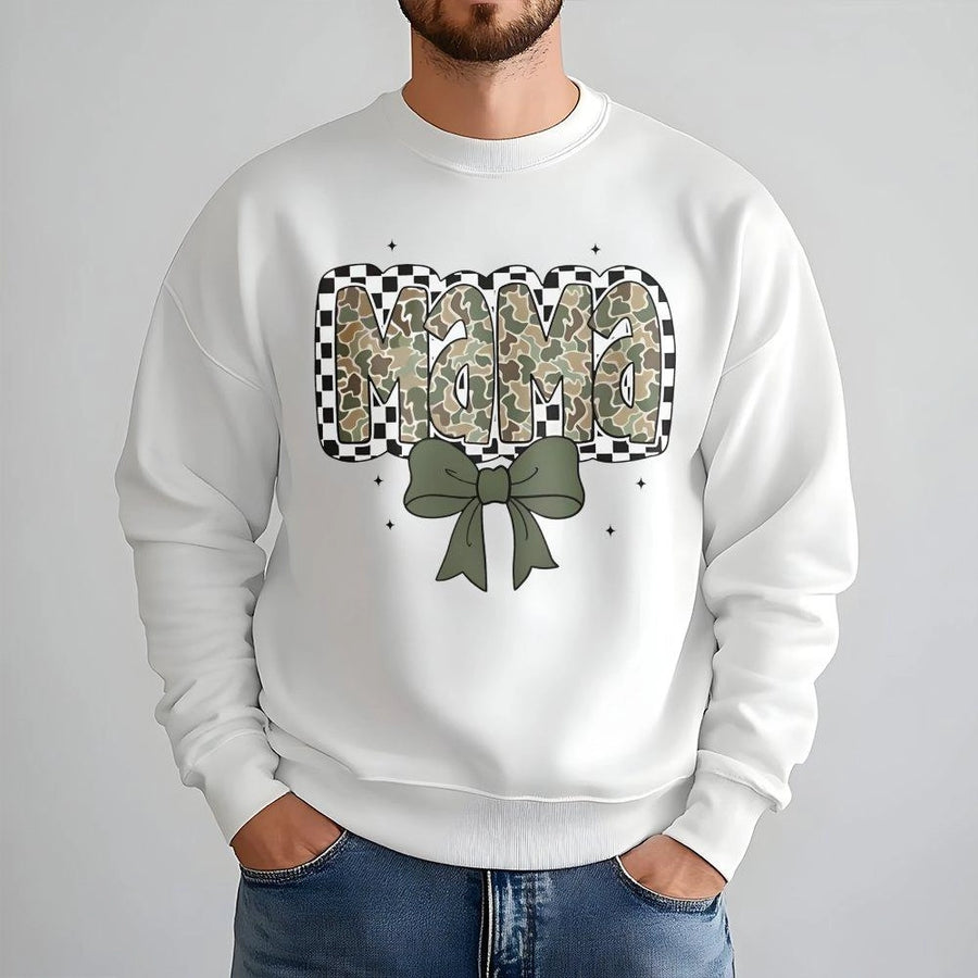 Mama Sweatshirt | Checkered Camo Coquette Bow Print | Premium Cotton-Poly Blend | Mother's Day 2026 Gift for Mom, New Mom or Mama Birthday Present