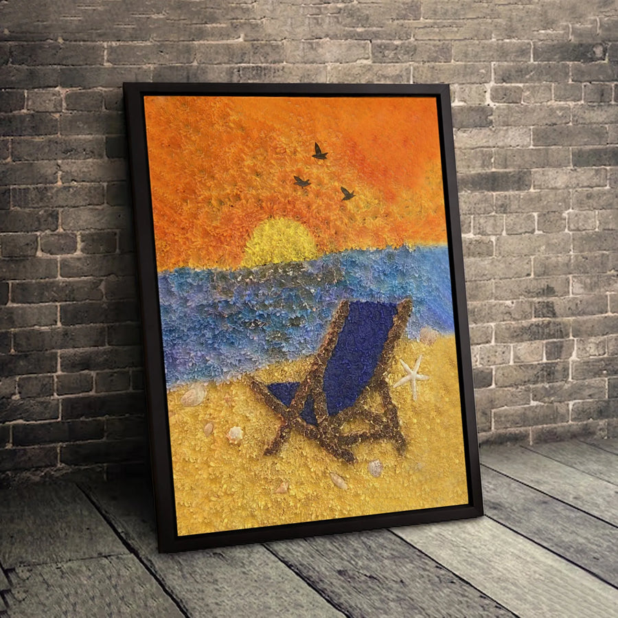 Beach Sunset Canvas Wall Art | Relaxing Coastal Chair Scene | Premium Gallery-Wrapped Print | Coastal Home Decor for Living Room