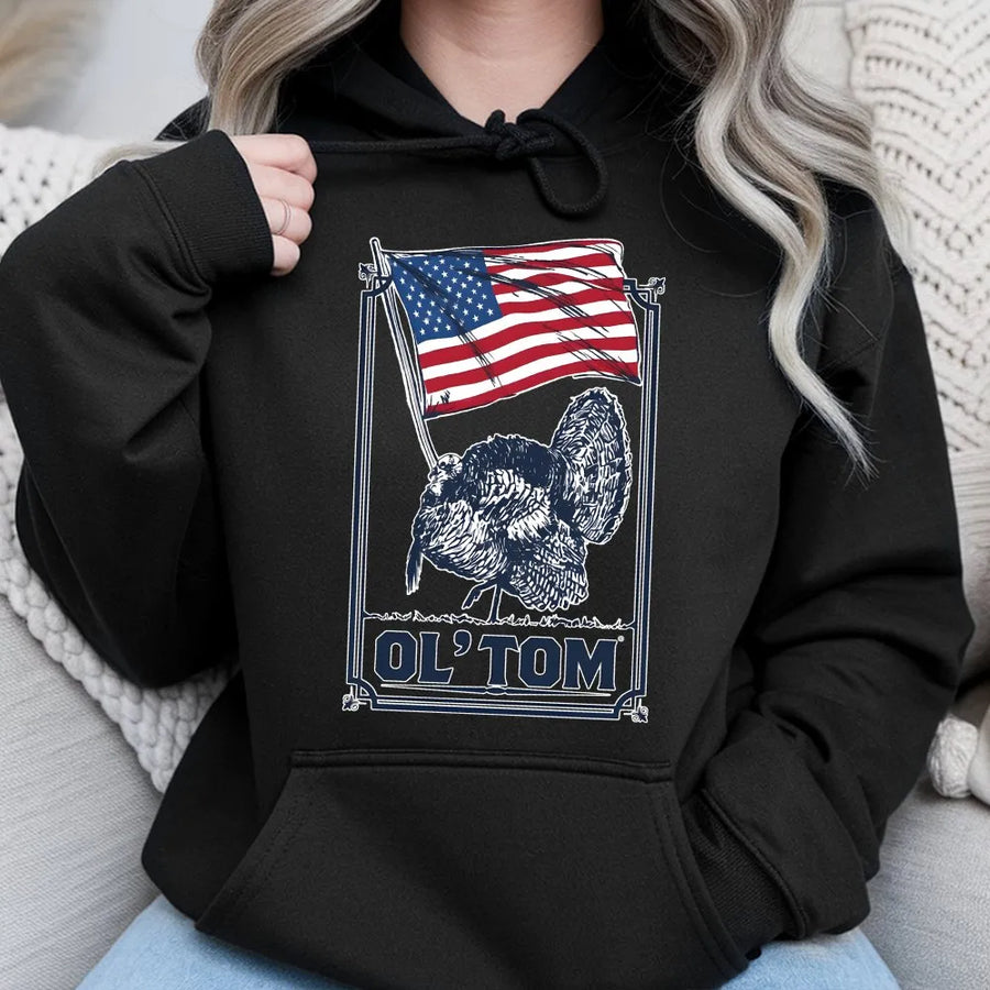Turkey Hunting Hoodie | Ol' Tom Americana Graphic Print | Cotton-Polyester Blend | Premium Gift for Outdoorsmen & Wildlife Enthusiasts