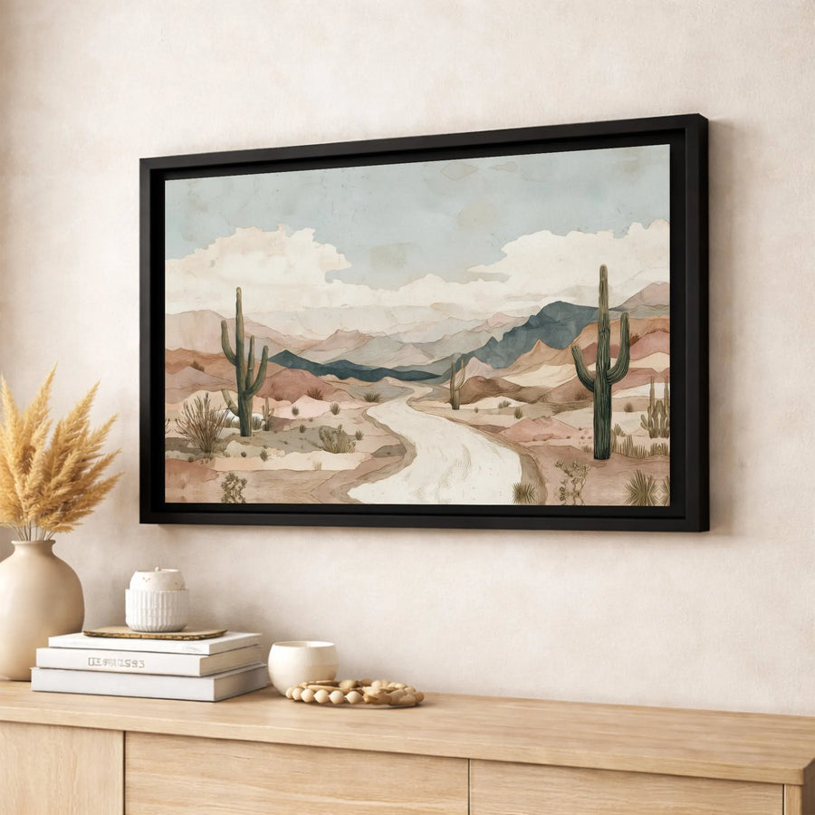 Southwestern Desert Canvas Wall Art | Watercolor Saguaro Cactus Mountain Landscape | Premium Gallery-Wrapped Print | Modern Home & Office Decor
