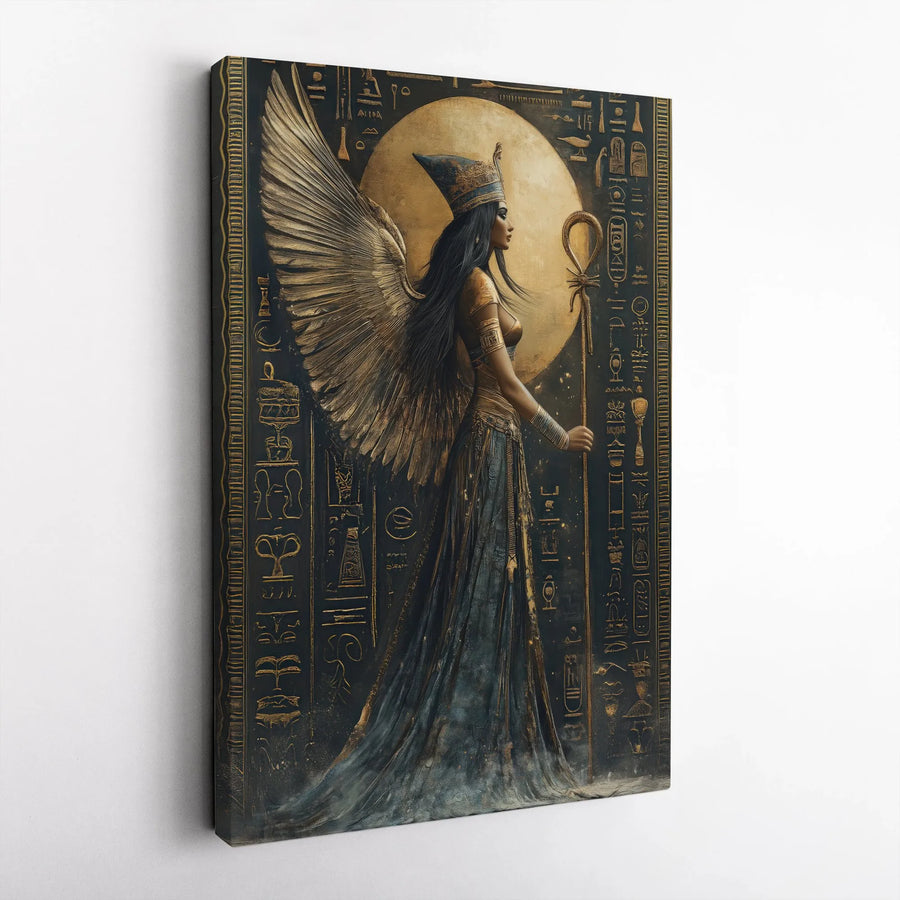 Egyptian Goddess Isis Canvas Wall Art | Winged Ankh Hieroglyph Decor | Premium Gallery-Wrapped Print | Ancient History Lover Gift