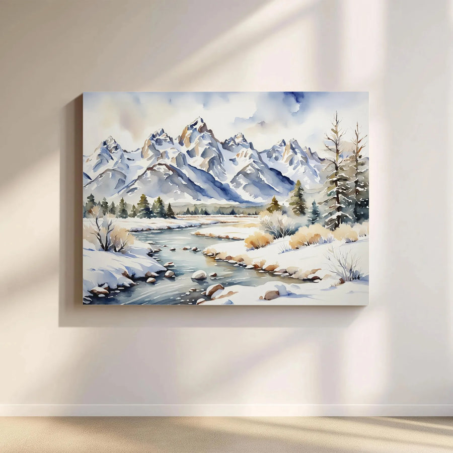 Winter Mountain Landscape Canvas | Watercolor Snow Scenery Art | Premium 1.25" Gallery Wrap | Nature Home Decor Gift for Cabin