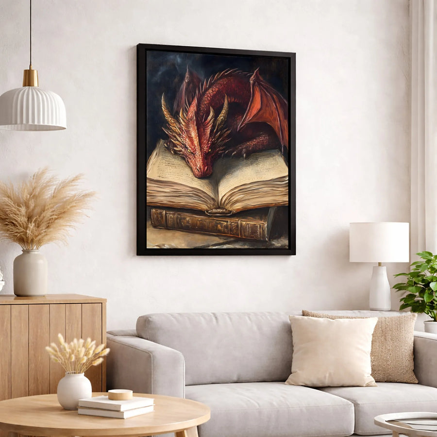 Red Dragon Canvas Art | Sleeping Fantasy Beast On Ancient Books | Premium Gallery Wrap Print | Magical Home Decor Gift For Book Lovers