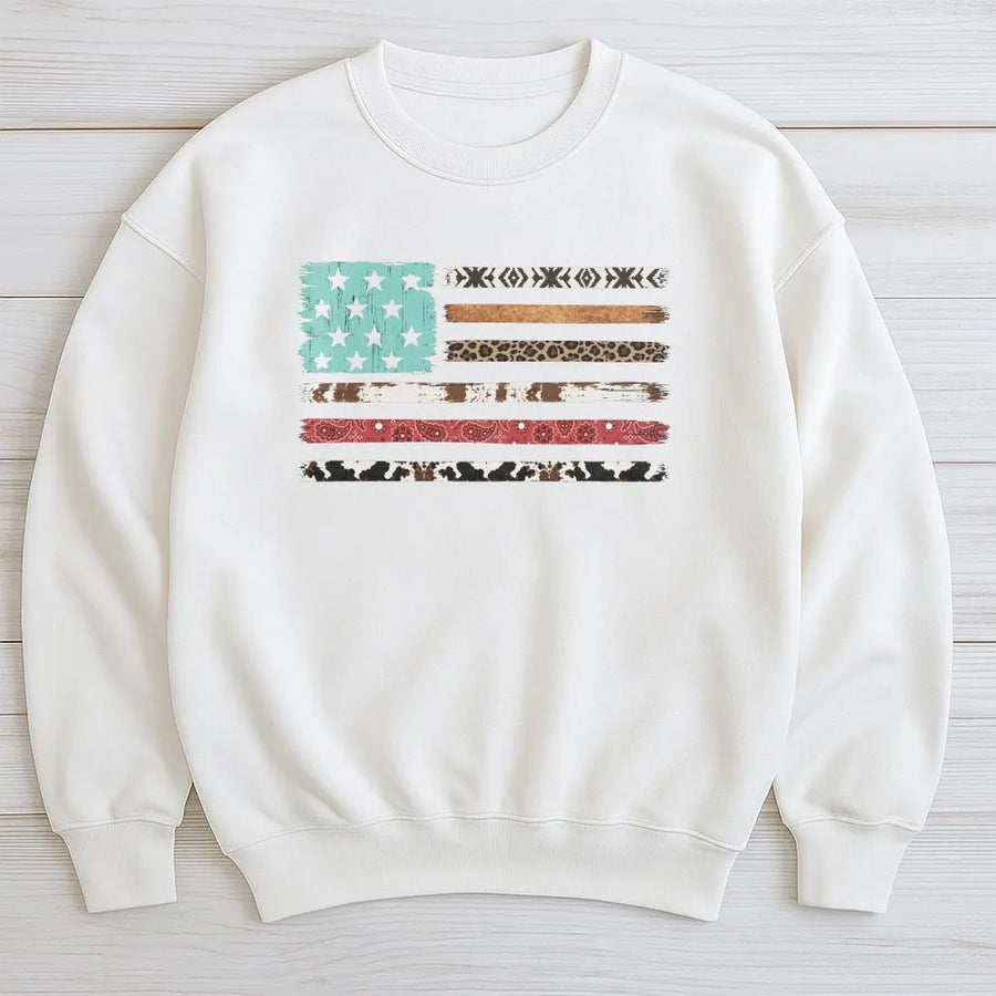 Western American Flag Sweatshirt | Boho Cowboy Print Distressed Graphic | Premium Cotton Blend | Patriotic Gift for Men & Women