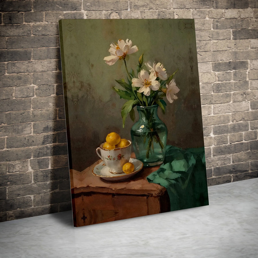 Still Life Floral Canvas Print | Vintage Lemon and White Flower Oil Painting Style | Premium 1.25 Inch Gallery Wrap | Kitchen and Dining Home Decor