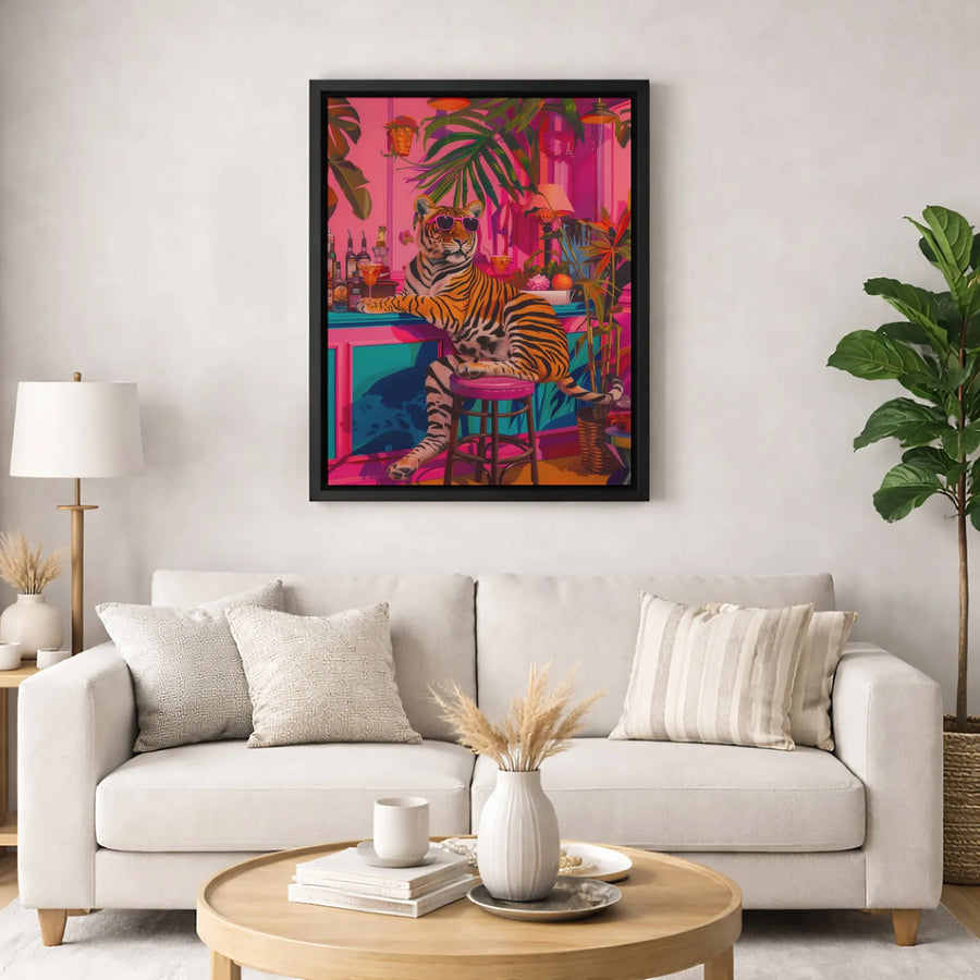Tiger Canvas Wall Art | Pink Tropical Bar Pop Art Print | 1.25-Inch Gallery Wrap | Fun Jungle Animal Decor for Modern Home
