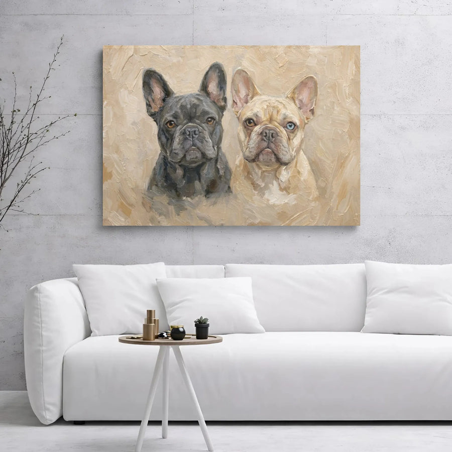 French Bulldog Portrait Canvas | Dual Dog Oil Painting Art | Premium Gallery Wrap Decor | Gift for Frenchie Lovers