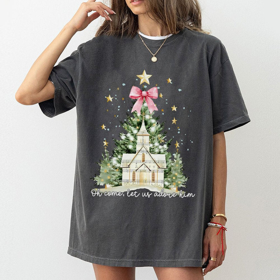 Oh Come Let Us Adore Him T-Shirt | Watercolor Christmas Tree with Coquette Bow | Premium Soft Cotton Tee | Religious Holiday Gift for Women