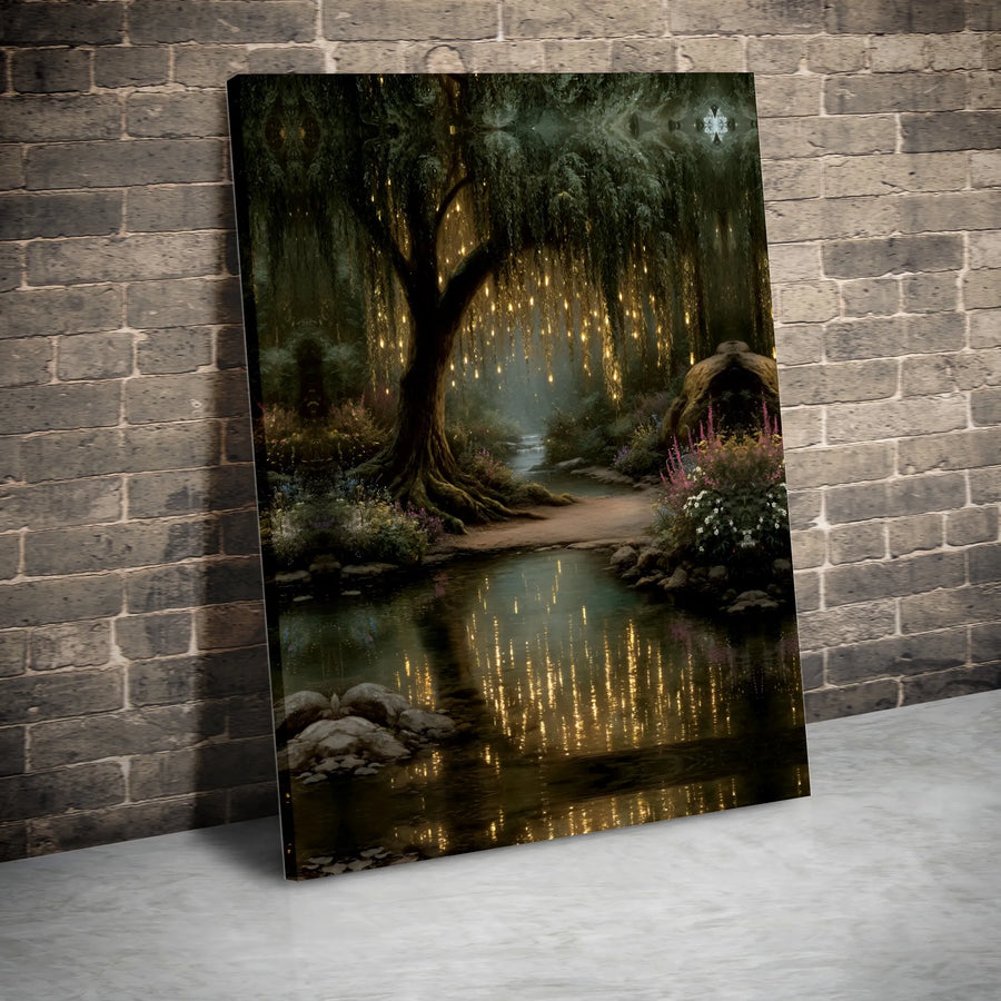 Enchanted Forest Canvas Wall Art | Fairy Light Weeping Willow Print | Gallery-Quality 1.25-Inch Profile | Magical Nature Home Decor Gift