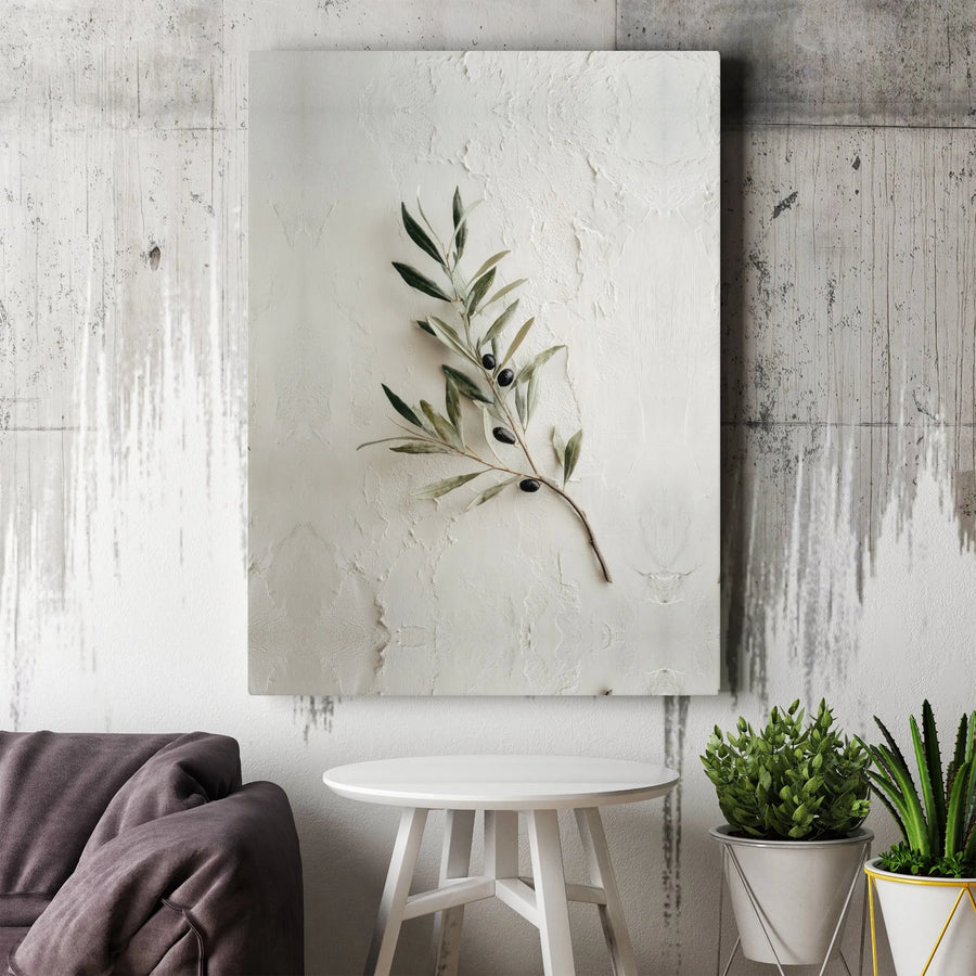 Olive Branch Canvas Wall Art | Minimalist Botanical Print with Textured Background | Premium Thick Gallery Wrap | Modern Farmhouse Kitchen Decor Gift