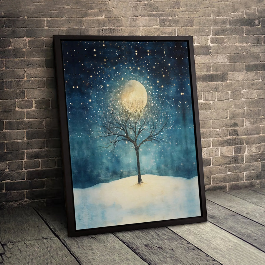 Winter Moon Canvas Wall Art | Magical Starry Night Tree Print | Premium Gallery-Wrapped Decor | Whimsical Holiday Home Gift for Nature Lovers