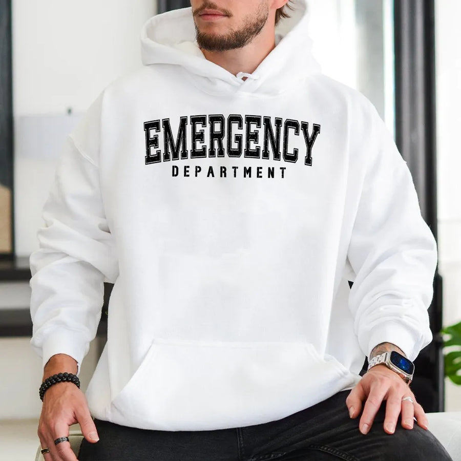 Emergency Department Hoodie | Varsity Style ER Dept Graphic | Premium Cotton Blend Sweatshirt | Gift for Emergency Medicine Nurse