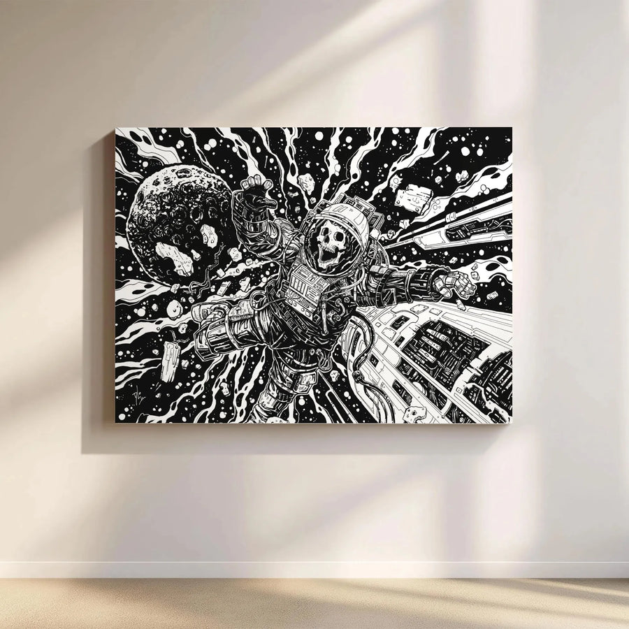 Skeleton Astronaut Canvas Wall Art | Black and White Gothic Sci-Fi Illustration | Premium Thick Gallery Wrap | Game Room Wall Decor Collector's Gift