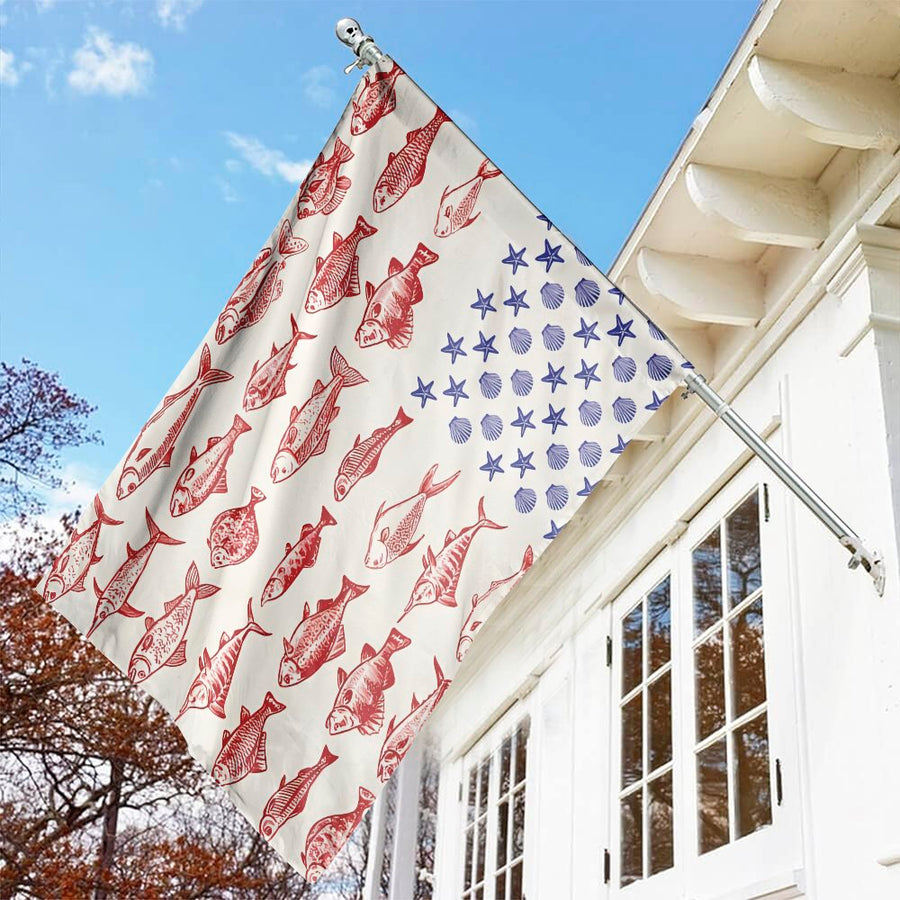 American Flag Garden Flag | Nautical Fish and Seashell Design | Weather-Resistant Premium Polyester | Patriotic Coastal Decor Gift