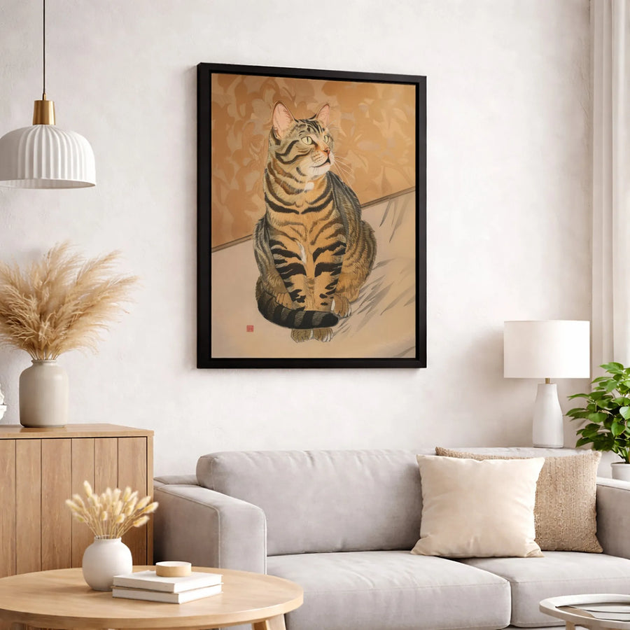Japanese Tabby Cat Canvas Wall Art | Ukiyo-e Style Feline Portrait | Premium Gallery-Wrapped Print | Minimalist Living Room Home Decor Gift